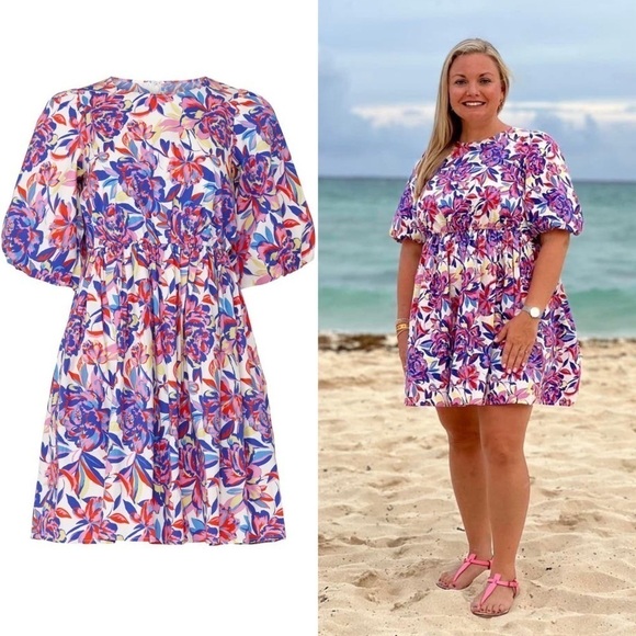 PETER SOM Floral Print Cotton Puff Short Sleeve Crew Neck Babydoll Mini Dress 12 - Picture 8 of 9